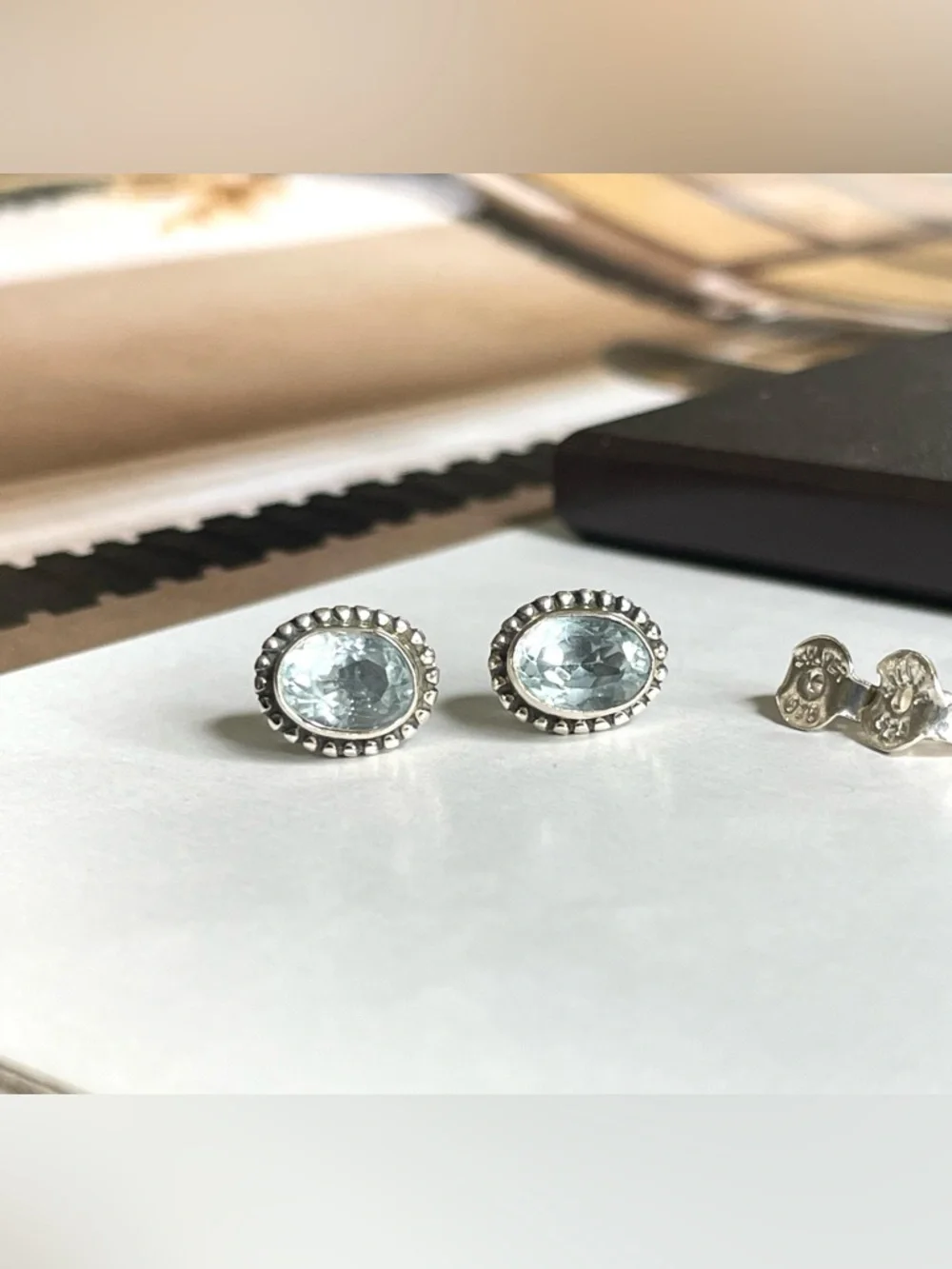 Blue Topaz stud Earrings 925 Sterling Silver,     V I B E S